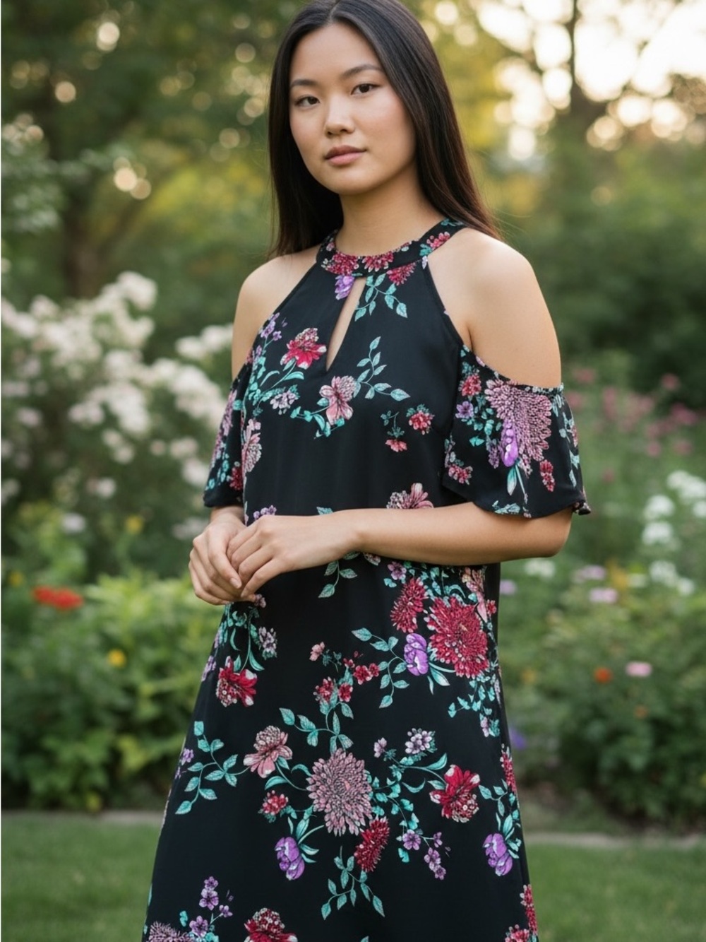 Candie's Black Cold-Shoulder Floral Midi Dress